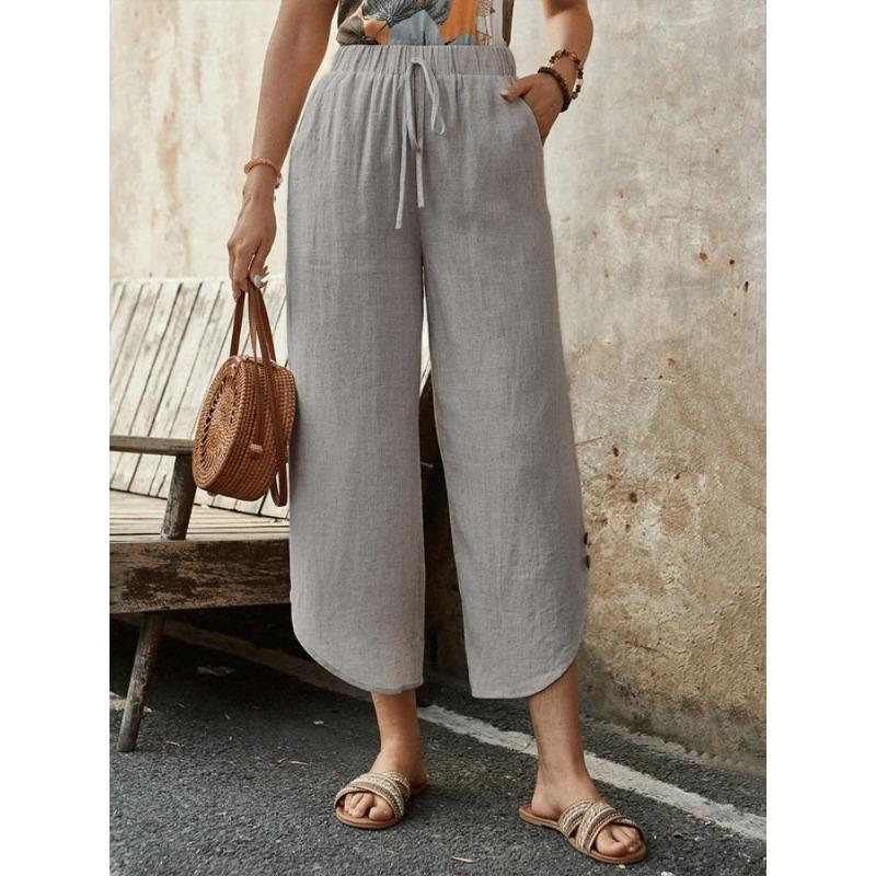 New Cotton and Linen Drawstring Cropped Pants with Pockets for Women, Loose Fit