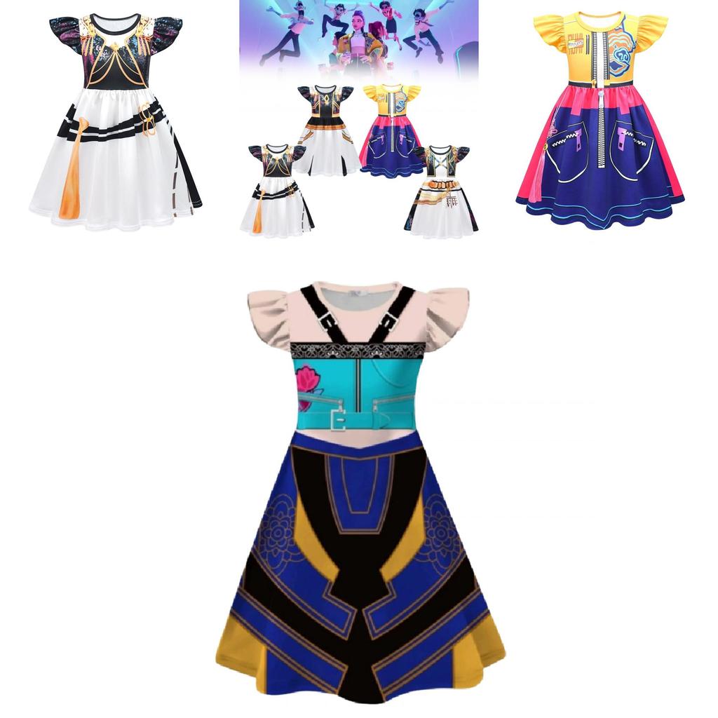 Kpop Demon Hunters Rumi Mira Zoey Girl Cosplay Dress For Kids With Flared Sleeves And Cartoon Pattern For Summer Play