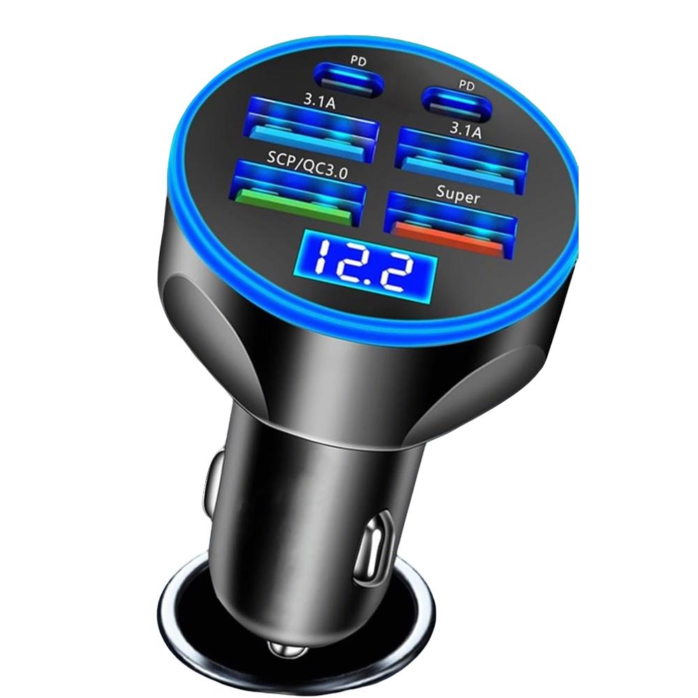 6 in 1 Super Fast Charge Multi Port USB C Car Charger Adapter with Voltmeter for iPhone Samsung Android Phone New Products 2026