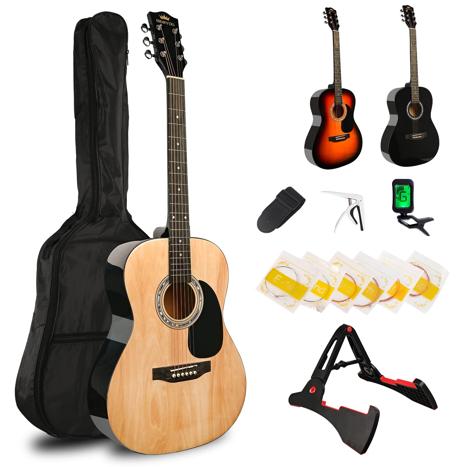 

Акустическая гитара BESYOU, липа, набор для начинающих, для начинающих и опытных игроков, 39 дюймов, для взрослых и студентов, включает тюнер и гитару