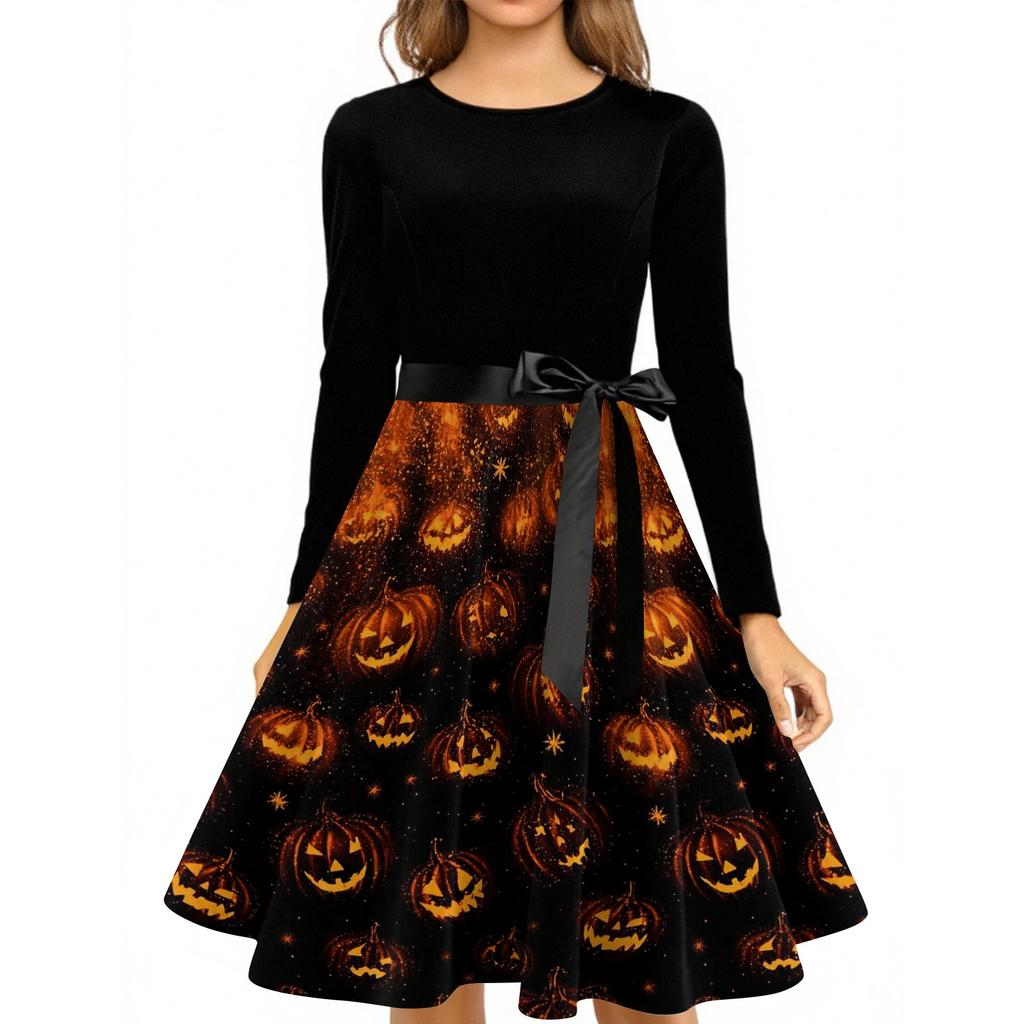 Women's Vintage Halloween Print Round Neck Casual Dress for Everyday Wear