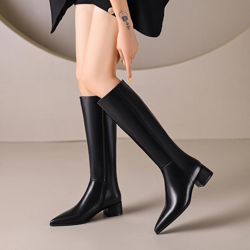 INS Women's Knee High Boots Genuine Leather Low Heel Winter Shoe Ladies Big Size 45 Fashion Zipper Black Khaki Long Chelsea Boot