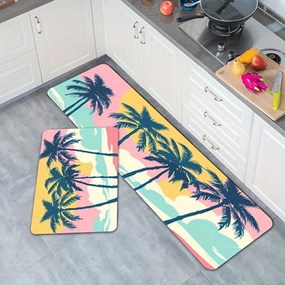 1Pcs Anti Fatigue Kitchen Rugs, Tropical Palm Tree Sunset Waterproof Non-Slip Thick Cushioned Kitchen Mat Heavy Duty Comfort Standing Mat for Kitchen