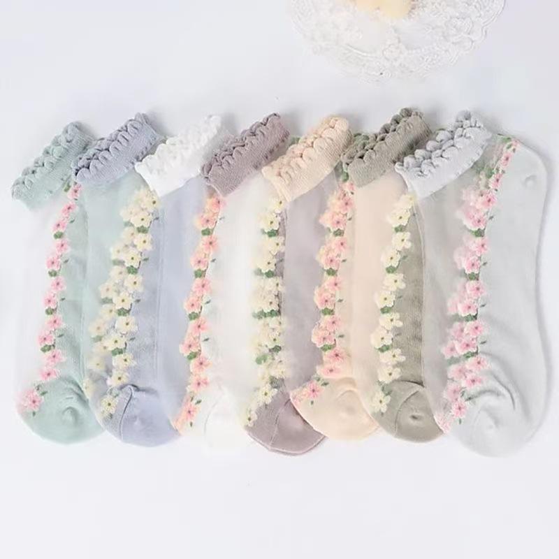 5 Paar Atmungsaktive Kurze Socken Japanisch Niedlich Frisch Ins Kurz Floral Glasseide Damensocken Sommer Dünn Kristall Bootssocken