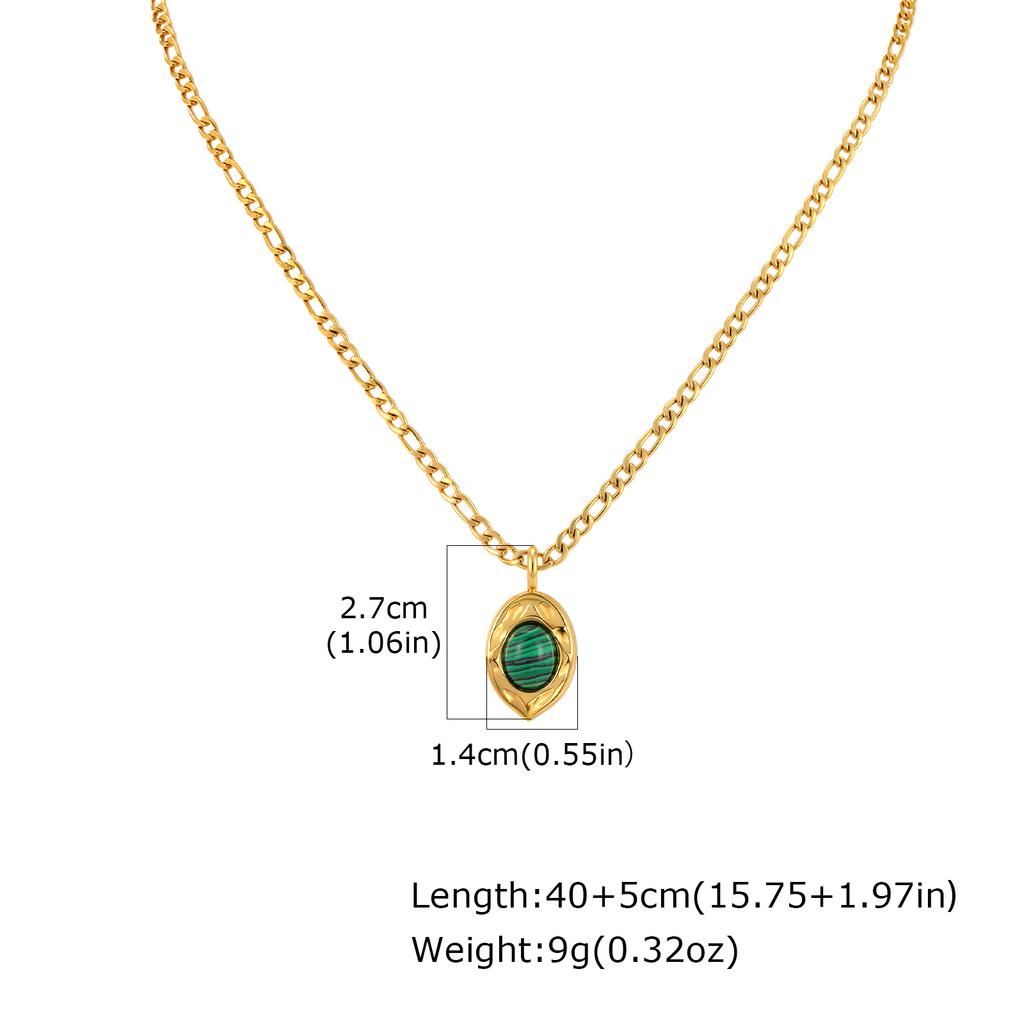 Vintage Oval Gemstone Pendant Necklace for Women, Nature Malachite Opal Stone Stainless Steel Figaro Chain Waterproof Jewelry