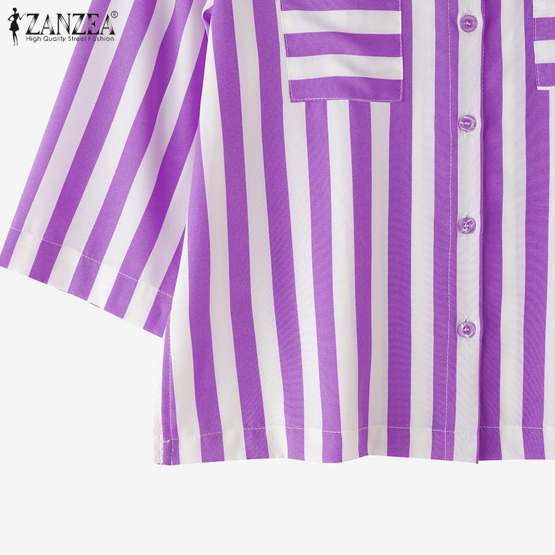 ZANZEA Women Turn Down Collar Summer Loose Casual 3/4 Sleeve Stripe Blouse