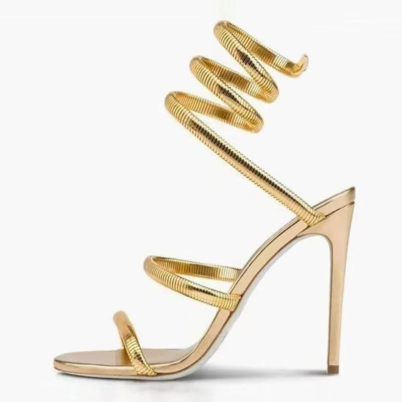 

Luxury Designer High Heels Women Sexy Snake Twine Party Dress Shoes Ladies Stripper Shoes Open Toe Summer Sandals for Women 41 золотистий