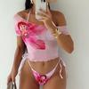 Women's 3 Piece Swimsuit Set Floral Print Tie Up Bikini with Short Sleeve Cover Up 0876
