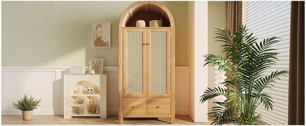 Kleiderschrank 181x78x45 cm mit Rattan-Geflecht, Eichen-Optik, Halbkreisförmiges Regal, 2 Türen mit Magnetverschluss, 2 Schubladen, Kleiderstange und Kippsicherung