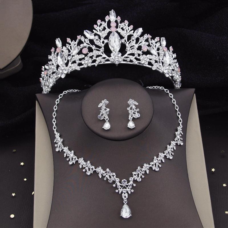 Silver Colors Crystal Bridal Jewelry Sets Women Fashion Tiaras Earrings Choker Necklace Wedding Dress Bride Crown Jewelry Set
