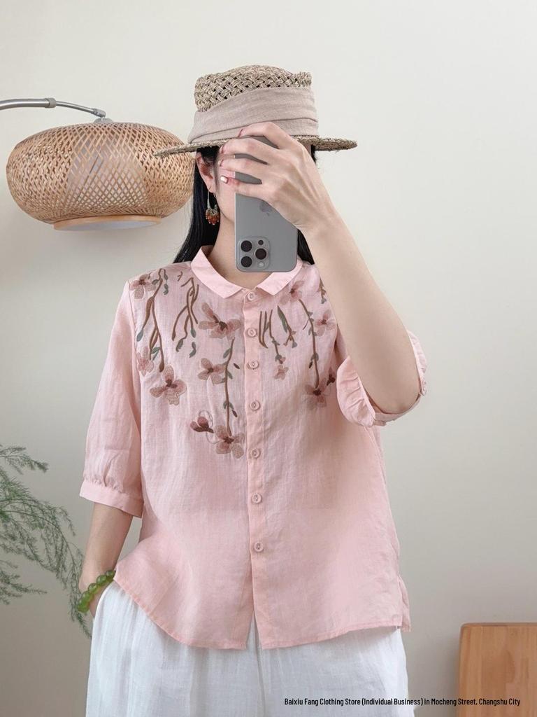 2026 Summer Women's Artistic Embroidered Linen Shirt: Chinese Style, National Flair, Small Lapel, Five-Point Sleeves