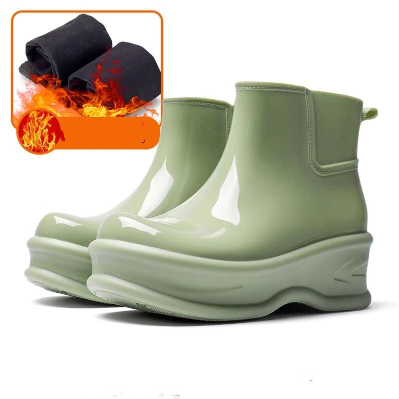 Women Glossy  Ankle Rain Boots Wedge Platform Thick Sole Waterproof Rubber Short Chelsea Style Rain Shoes