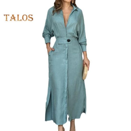 Fall Spring Women Dress Slim Waist Long Sleeves Split Hem Pure Color Lapel V Neck Shirt Type OL Commute Dating Maxi Dress