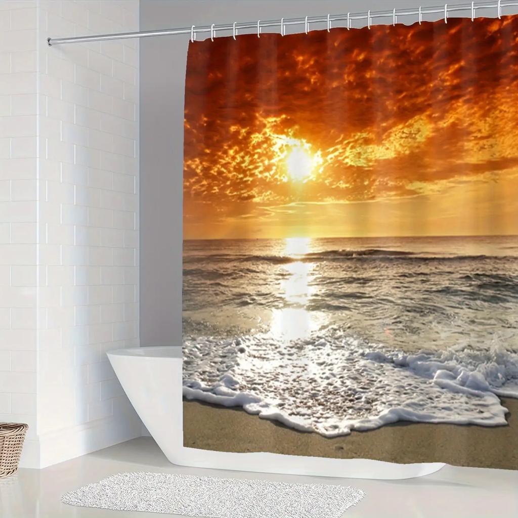 4Pcs Romantic Seaside Shower Curtain Set with Non-Slip Bath Mat, Toilet Lid Cover, Contour Rug & 12 Hooks, Bathroom Decor