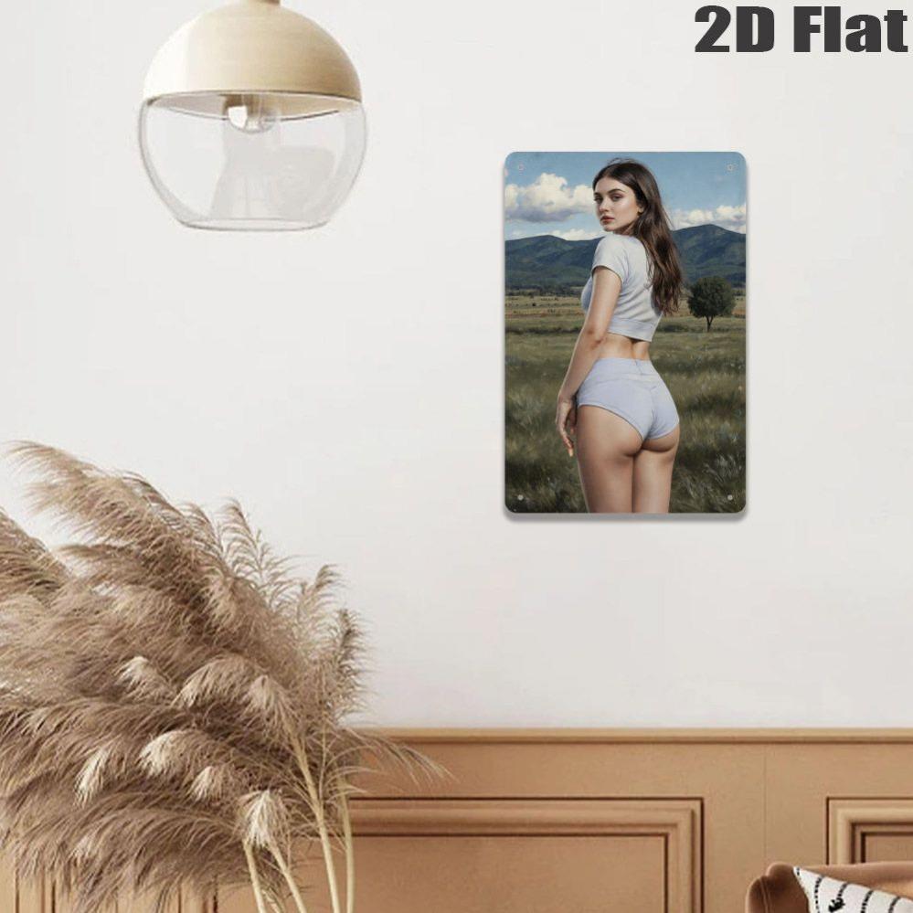 Metalowa Dekoracja Ścienna Vintage Retro Design Krajobrazowy z Postacią Kobiecą - Samotne Drzewo i Odległa Góra Żelazna Sztuka, Wewnątrz na Zewnątrz Dom Kawiarnia Dekor