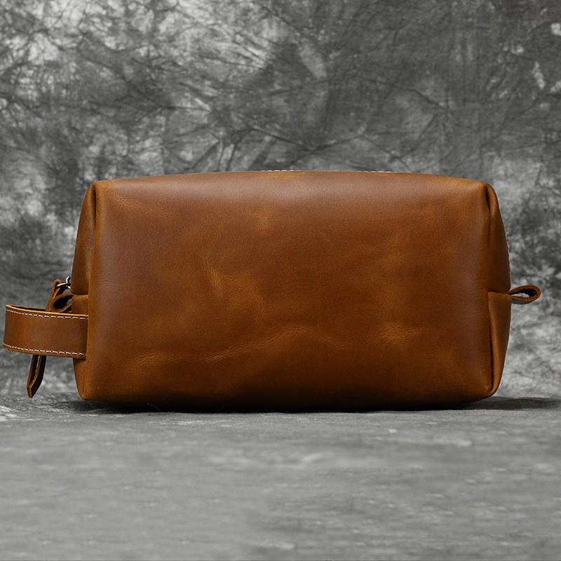 Genuine Leather Toiletry Bag Men Women Vintage Crazy Horse Travel Pouch With Cotton-Polyester Lining