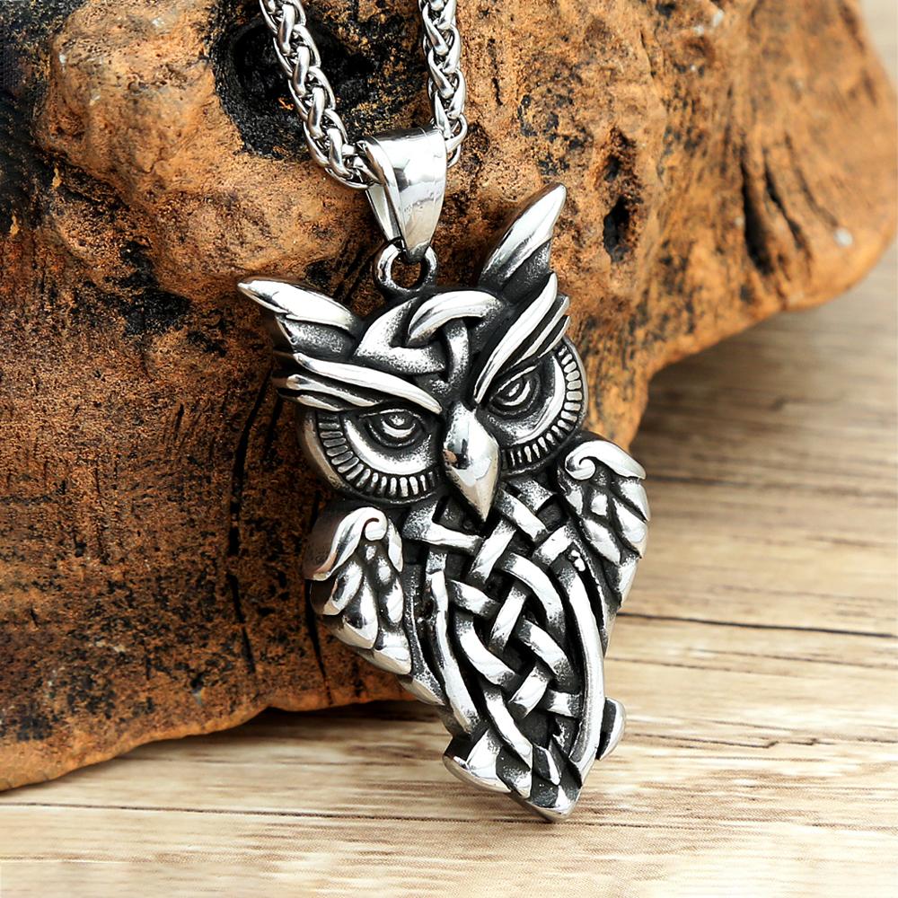 Retro Nordic Viking Owl Pendant Necklace Stainless Steel Scandinavian Amulet Celtics Knot Necklace for Men Jewelry