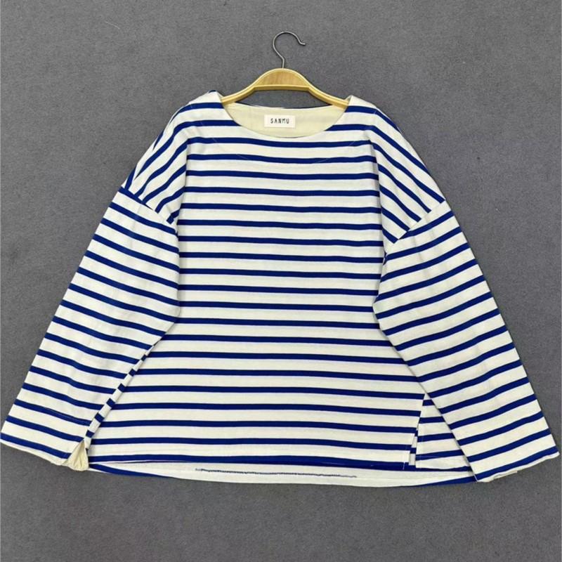 Johnature Japanese Casual Style Round Neck Striped Cotton Horizontal Loose T-shirt Women Patchwork Long-sleeved Tops