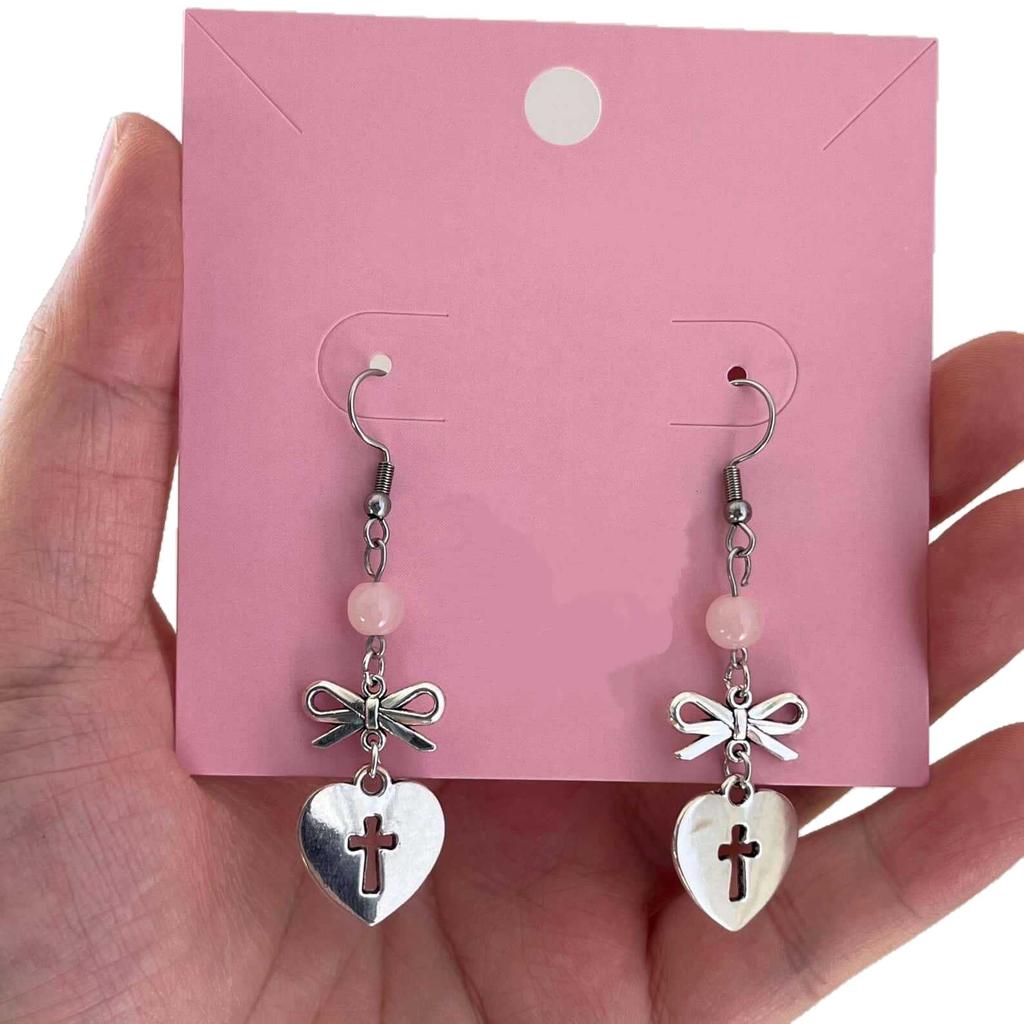 Gothic Romantic Pink Beads Sliver Color Bowknot Hollow Out Cross-shaped Heart Pendant Dangle Earrings for Women Y2k Jewelry Gift