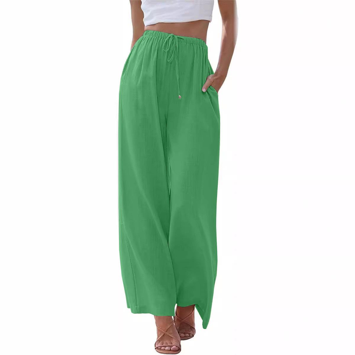 

2024 р. Жіночі нові літні лляні штани із широкими штанинами на зав’язках, плаваючі широкі пляжні штани з кишенями XL зелений