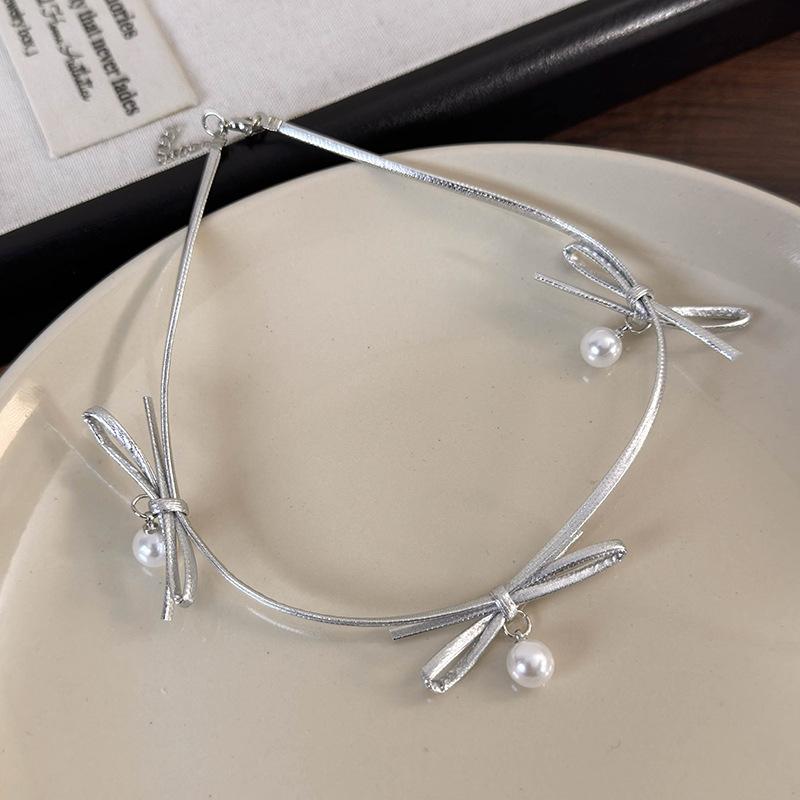 

Сладкая и пряная цепочка на ключицу с бантом, нежное кожаное ожерелье из веревки, индивидуальное нишевое ожерелье для девочек серебряный