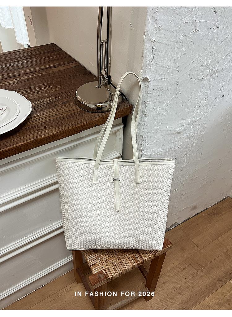 Women's Retro Woven Texture Tote Bag - Stylish Large Capacity Shoulder Handbag for Daily Commute
