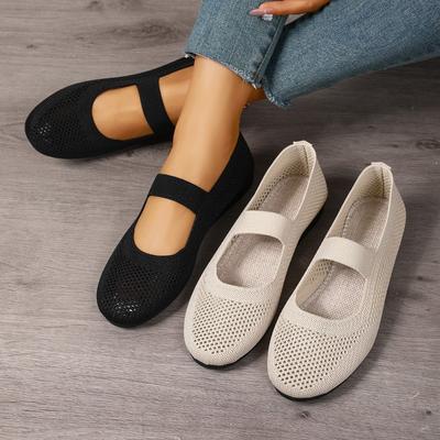 Atmungsaktive Damen-Strick-Flachschuhe zum Hineinschlüpfen, lässige Schuhe, durchbrochene einfarbige runde Zehenpartie, Tanzstil-Schuhe.