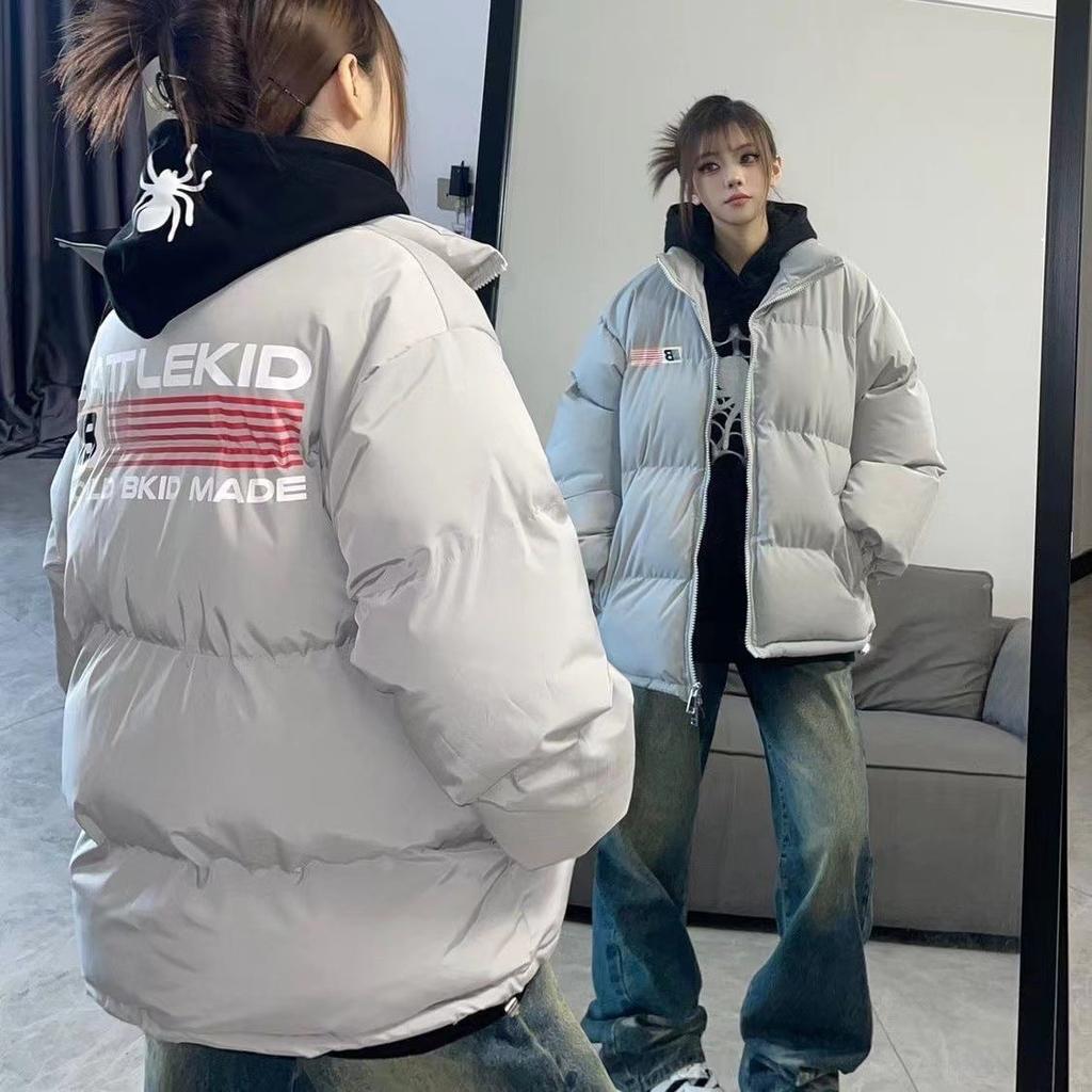 Flag printing retro stand-up collar  clothes for men and women in winter thickened loose couple coat bread