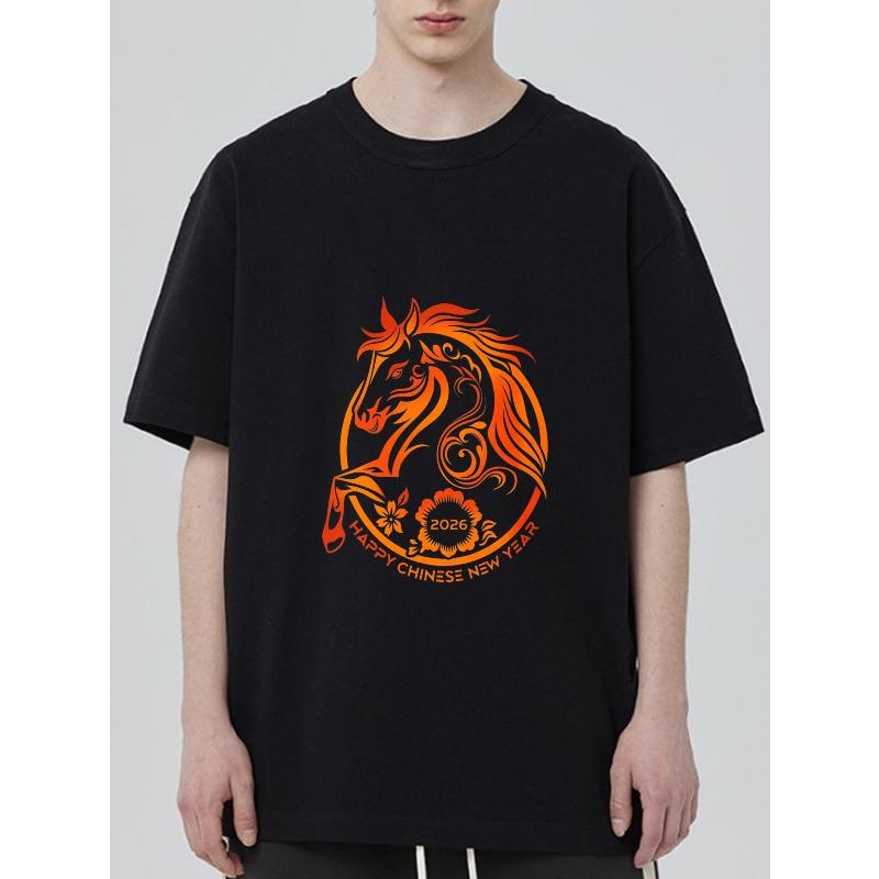 Черная футболка с дизайном лошади и цветов Счастливый китайский Новый год 2026 для празднования фестиваля S