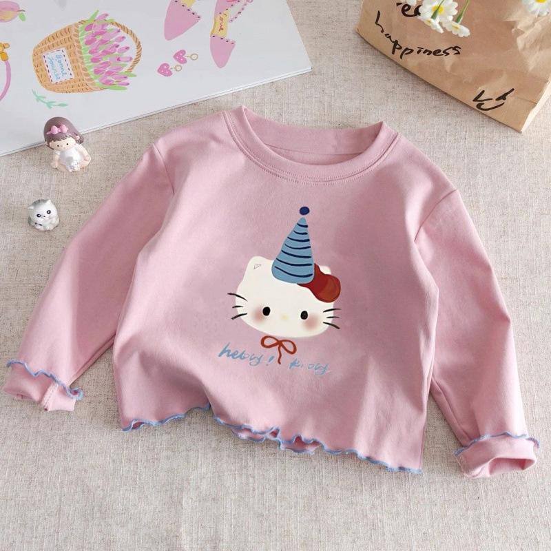 Girls Cotton Long Sleeve T Shirt Cute Cartoon Print Ruffle Crew Neck Base Layer Top For Autumn
