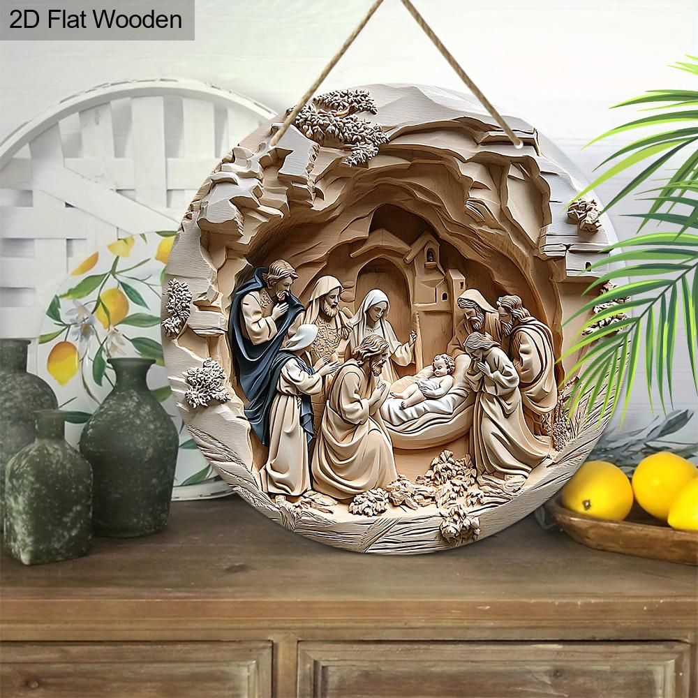Nativity Wooden Christmas Sign - Jesus Navidad Round Sign for Front Door Wall Hanging Decor - Ideal Christmas Gift