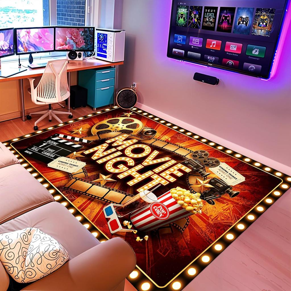 Movie Night Area Rug, Soft Non-Slip Carpet for Home Theater Living Room, Cinematic Ambiance Decor Floor Mat
