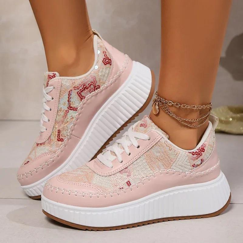 Fashion Rimocy Fashion Glitter Platform Sneakers Women Spring Lace Up Pink Sports Shoes Woman Plus Size 43 Thick Bottom Walking Shoes