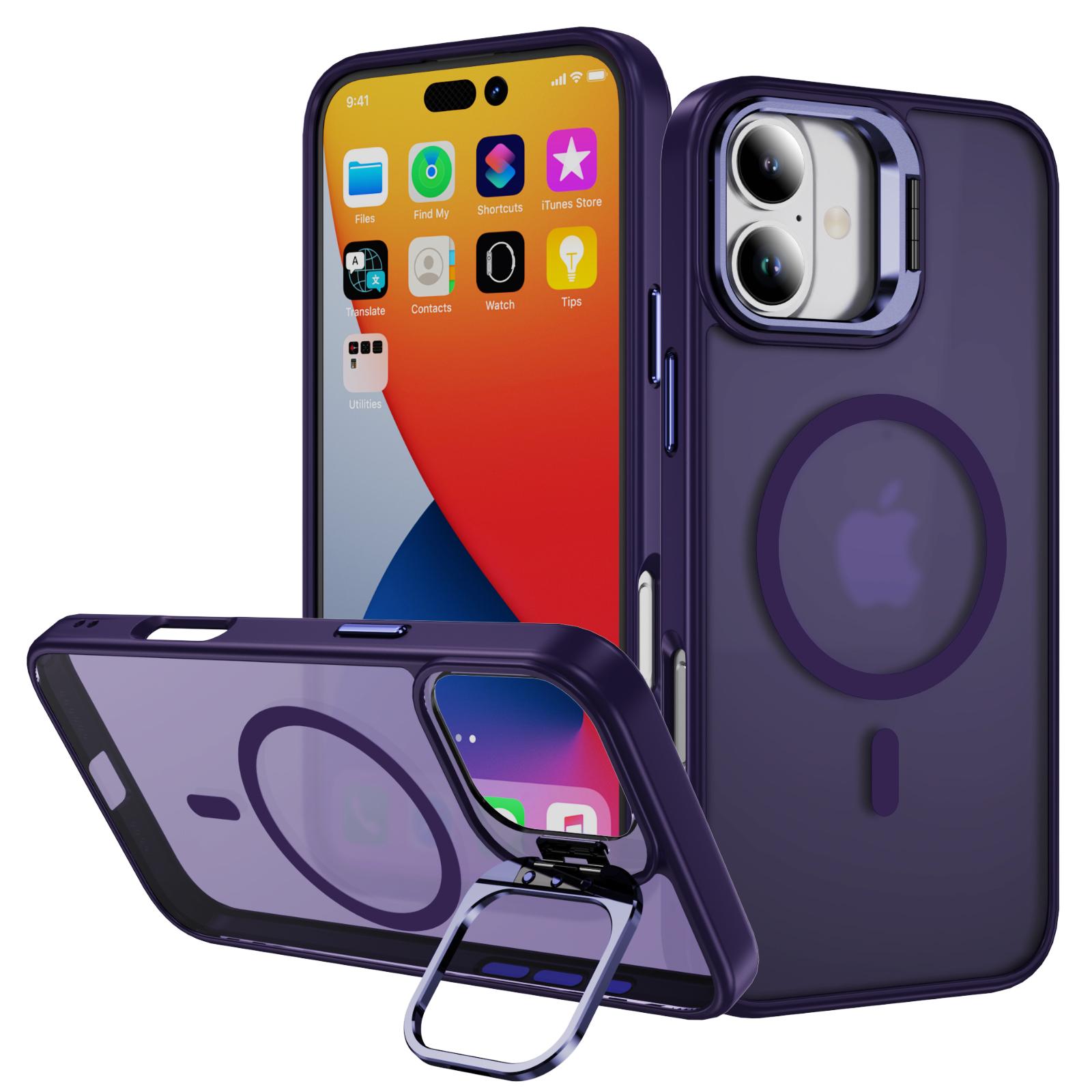 

For iPhone 17 Magnetic Case with Lens Kickstand Skin-Touch PC+TPU Phone Cover Dark Purple