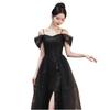 Black Evening Dress Shoulder Premium Birthday Banquet Host Adult Dress Mesh Splicing Mesh Dress