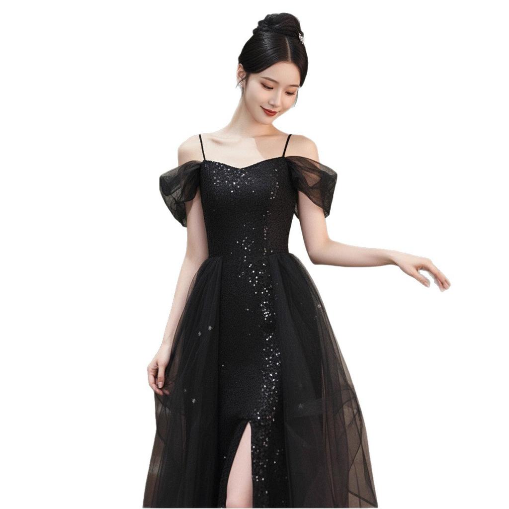 Black Evening Dress Shoulder Premium Birthday Banquet Host Adult Dress Mesh Splicing Mesh Dress