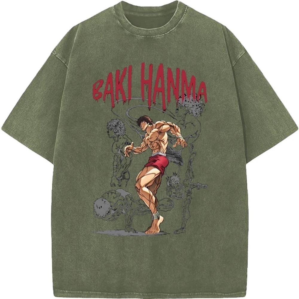 Anime Baki Hanma Baki Cool Printed Tshirt Men Manga Vintage T-shirts Washed Cotton Tee Harajuku Male Casual Oversized T Shirt