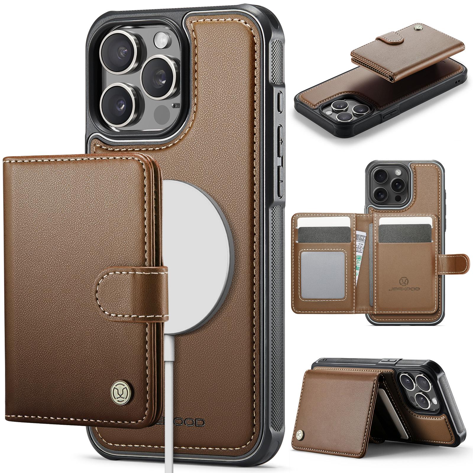 

For iPhone 15 Pro Case JEEHOOD J09 RFID Blocking Card Holder Leather Back Phone Cover Compatible with MagSafe