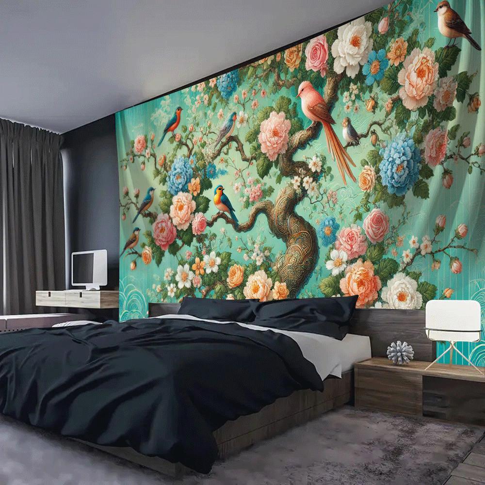 1Pc Flowers and Birds Tapestry Wall Hanging, Decorative Fabric Poster for Bedroom, Living Room, Dorm & Home Decor