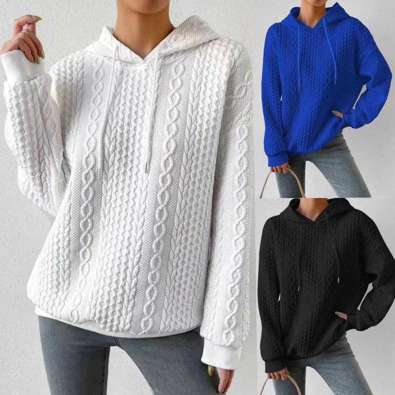 Waffle Casual Style Solid Color Loose Jacquard Lace-up Hooded Long-sleeved Sweater