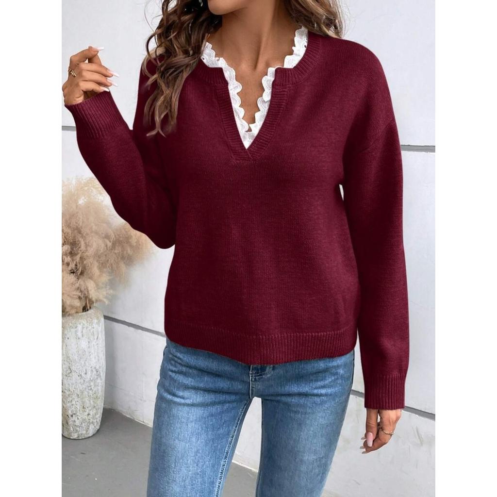 Autumn and Winter Fashion Lace V-neck Sweater Solid Color Loose Long Sleeve Women's Knitted Sweater
