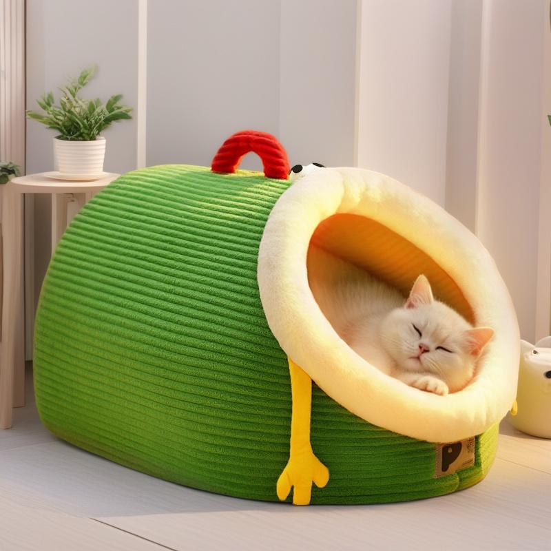 Warm Green Portable Cat Bed Plush Four Seasons Nest Cozy Home Corner For Cats And Small Dogs Christmas Gift For Pet Owners