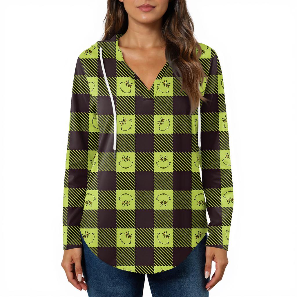 Sweats à capuche pour femmes Mode Col en V Manches longues Imprimé Noël Cordon de serrage Décontracté Ample Pullover Tops