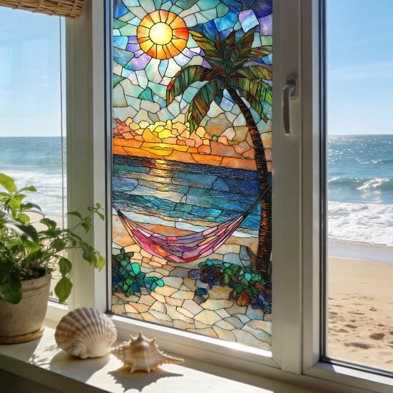 Fenster Sichtschutzfolie Buntglas Flamingo Tropisch Statisch Haftend Hitzeregulierung Tür Abdeckung Aufkleber mit Palmenblättern Blumendekor für Badezimmer