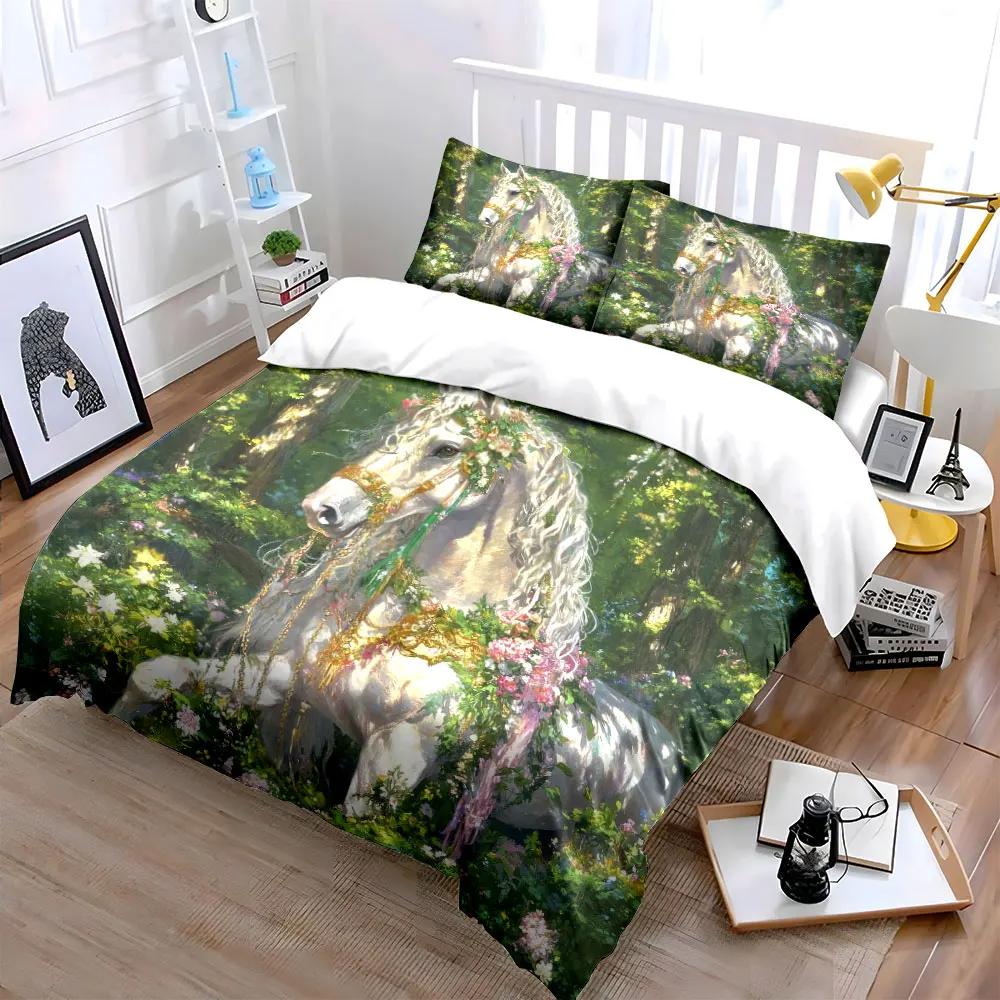 "Floral Horse Decor Set" Bedding Set with 1 Duvet Cover 2 Pillowcases Single Double King Queen Gift