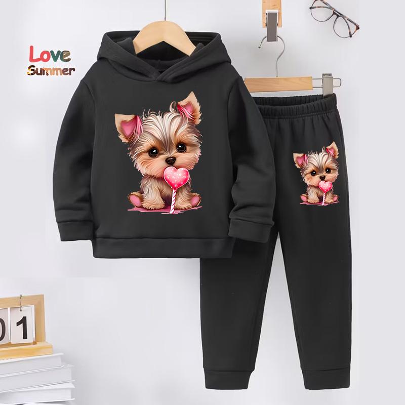 Girls Autumn And Winter Hoodies hoodie pant 2pcs cute Dog Prints Lined With Warm Fleece Paired With Sports Pants Tracksuit