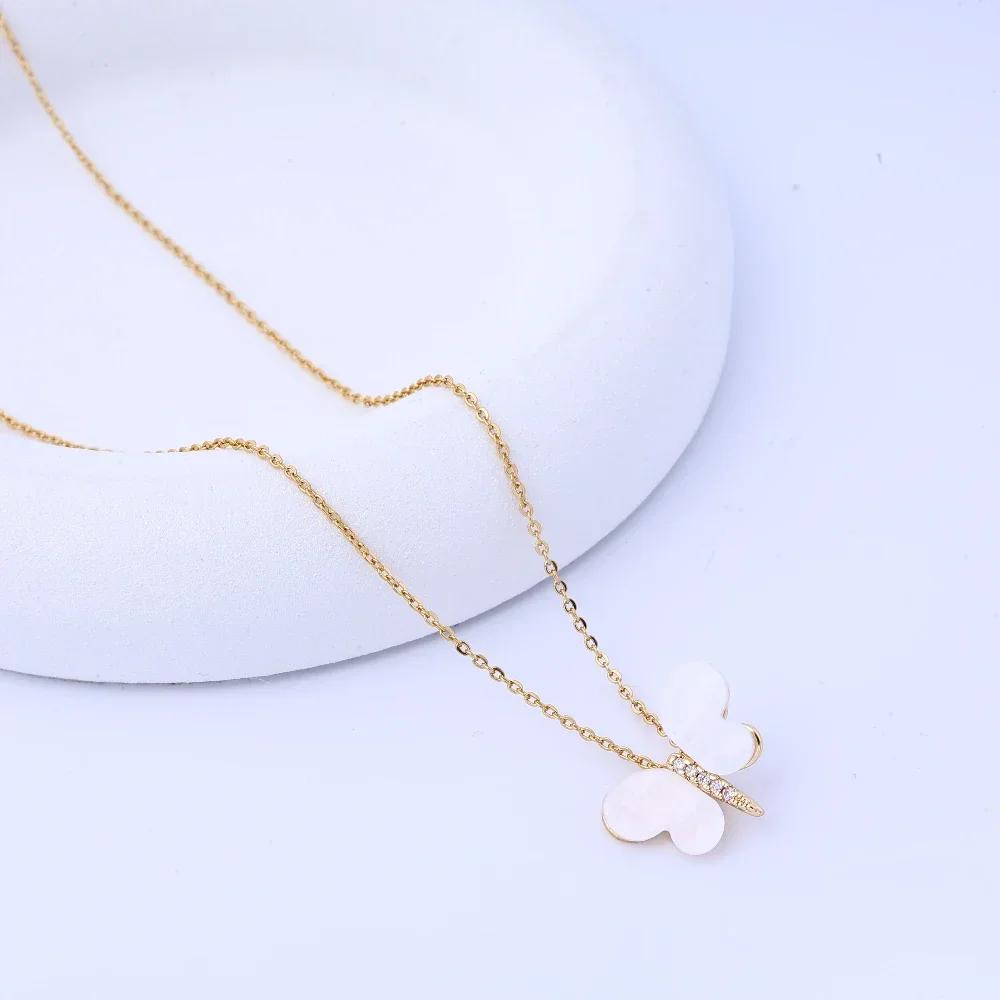 Xiaohongshu Popular Zircon Shell Butterfly Titanium Steel Necklace for Women, Fashionable Temperament, Trendy Collarbone Chain,