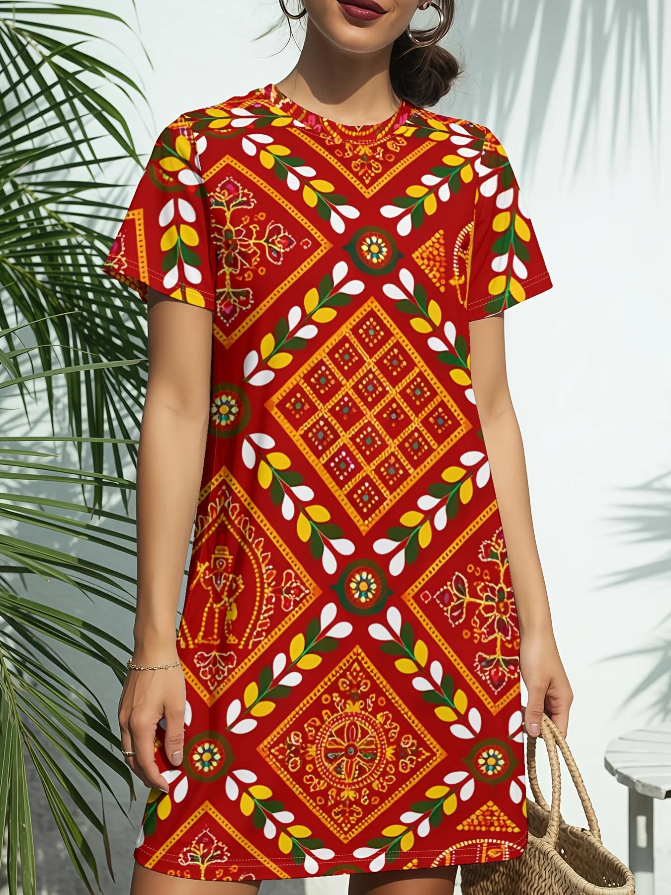 

Women s Red Geometric Tribal Print T-Shirt Dress - Short Sleeve Round Neck Casual Dress with Short Length Suitable for Daily Wear. Dates ; Birthday Gi 5XL дубильна кора