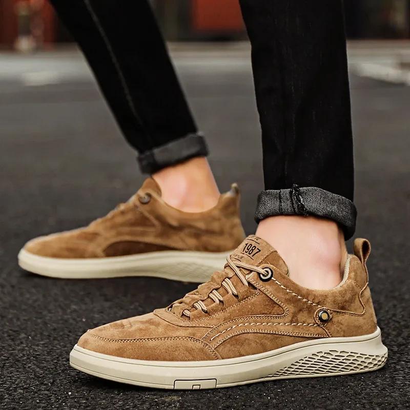 Brown Men Casual Shoes Handmade Man Shoes Suede Korean Style Skateboard Shoes Mens Sneakers Shallow Lace Up Shoes