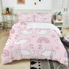 Swans Flowers Rainbows Pink Background Print Bedding Set 1Duvet Cover 2Pillowcases for Adult and Children Luxury Gift Full Size